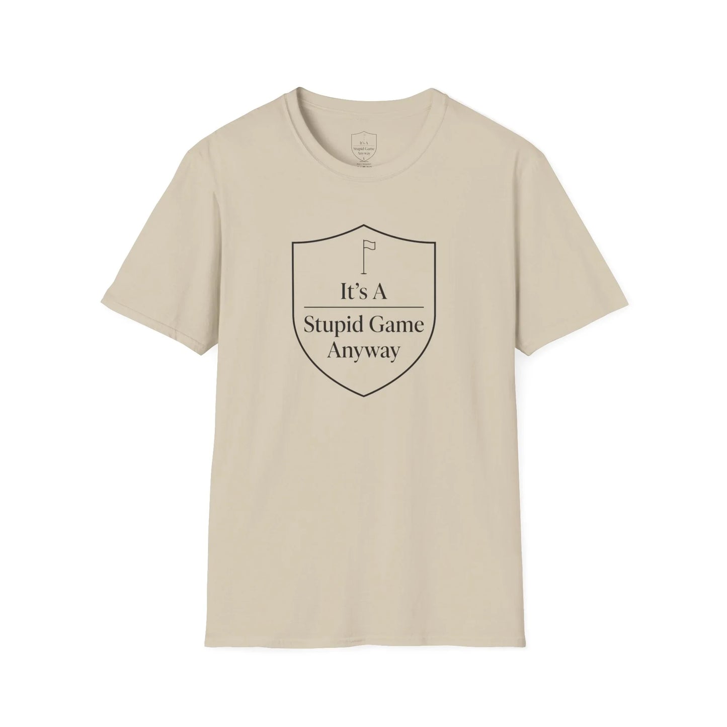 Beige golf humor t-shirt with shield and 'It’s A Stupid Game Anyway' slogan