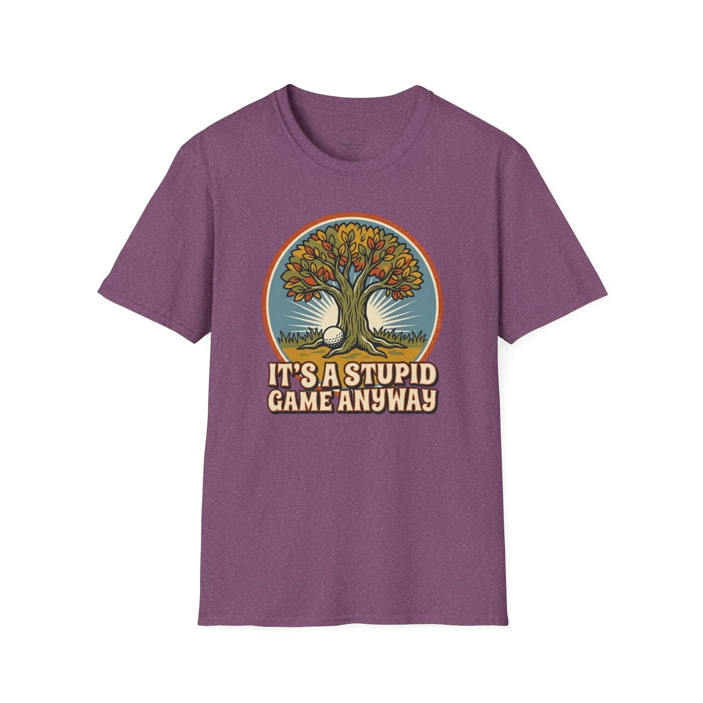 Purple golf humor t-shirt with tree, golf ball, and 'It's a Stupid Game Anyway' slogan